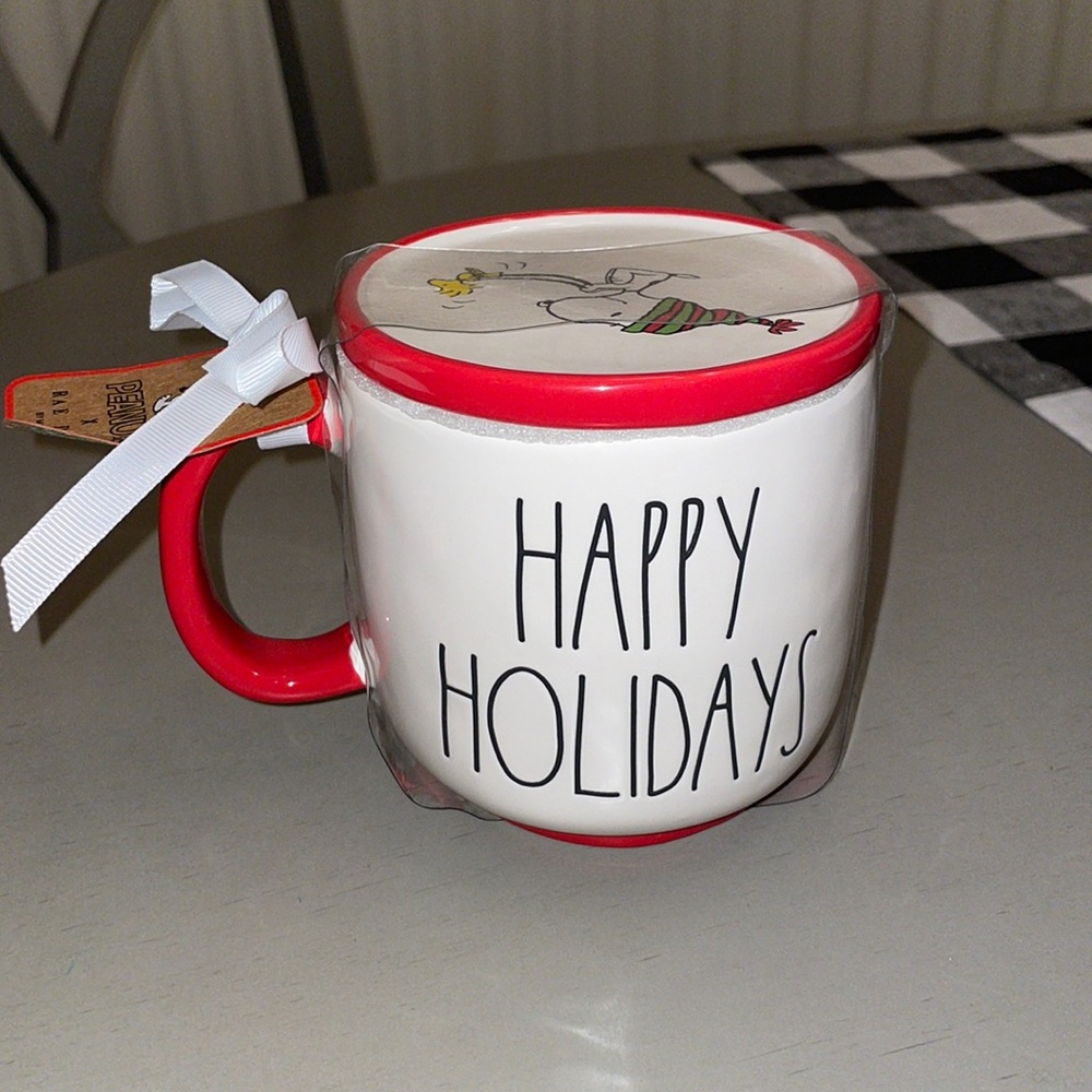 Rae Dunn Happy Holidays Mug with Snoopy Coaster
